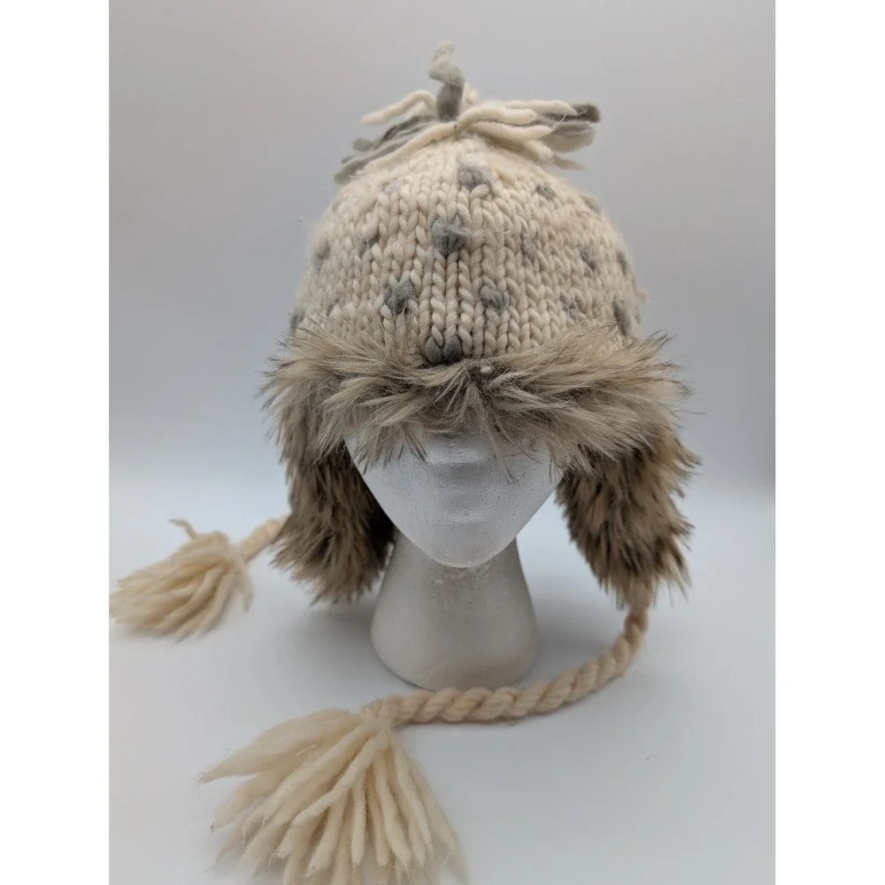 American Eagle Outfitters Womens Trapper Hat Wool Blend Faux Fur Cream Gray